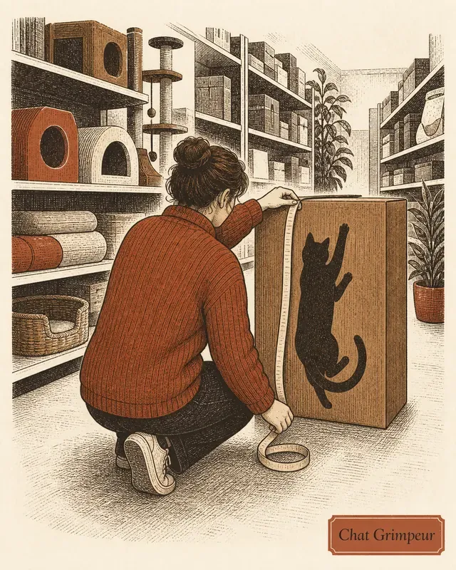 Une personne mesure un carton d'arbre à chat dans une allée de magasin