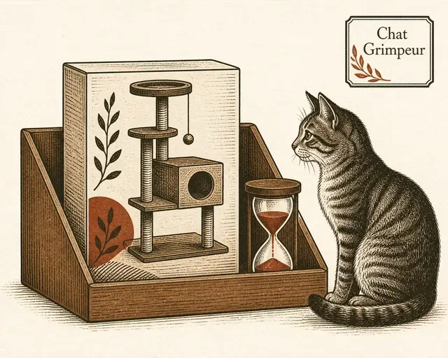 Un chat observe un carton d'arbre à chat posé dans un bac de vente