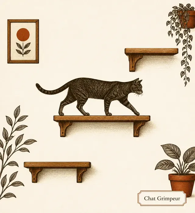 Étagères murales pour chat en escalier, un chat marche sur l'une d'elles