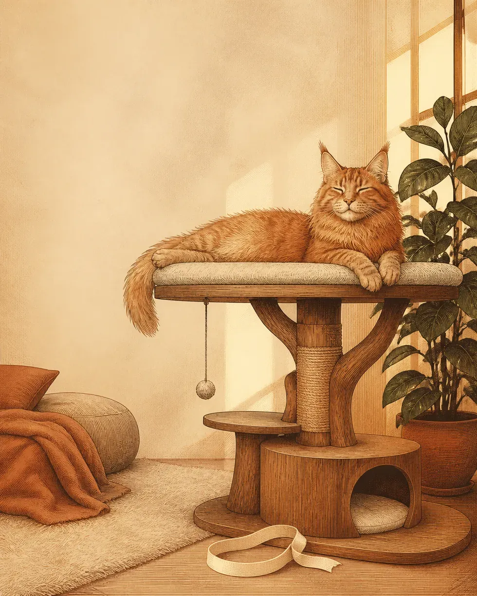 Un grand chat roux détendu, allongé sur la large plateforme d'un arbre à chat, un mètre ruban posé au pied